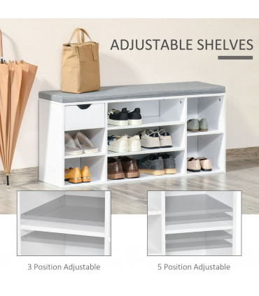 HOMCOM Shoe Storage Cabinet Bench w/ Cushion Adjustable Shelves White and Grey