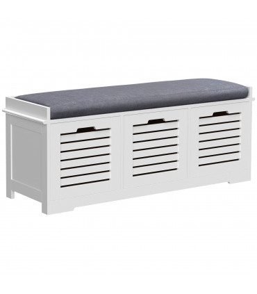 HOMCOM 3-Door Shoe Storage Bench Cushion Seat Slatted Doors Elevated Base White