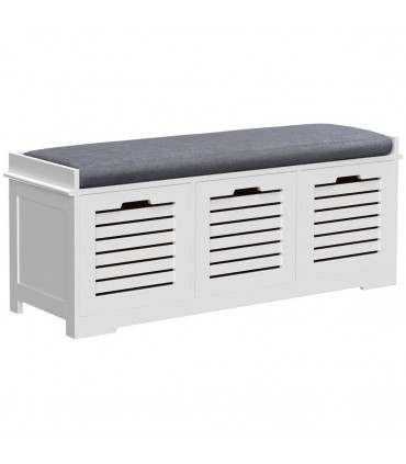 HOMCOM 3-Door Shoe Storage Bench Cushion Seat Slatted Doors Elevated Base White