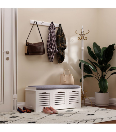HOMCOM 3-Door Shoe Storage Bench Cushion Seat Slatted Doors Elevated Base White