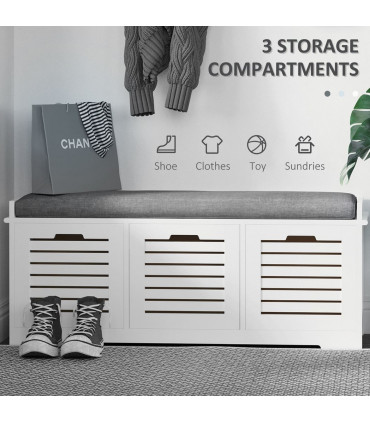 HOMCOM 3-Door Shoe Storage Bench Cushion Seat Slatted Doors Elevated Base White