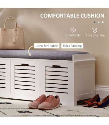HOMCOM 3-Door Shoe Storage Bench Cushion Seat Slatted Doors Elevated Base White