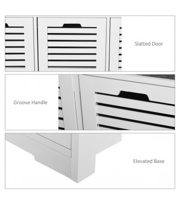 HOMCOM 3-Door Shoe Storage Bench Cushion Seat Slatted Doors Elevated Base White
