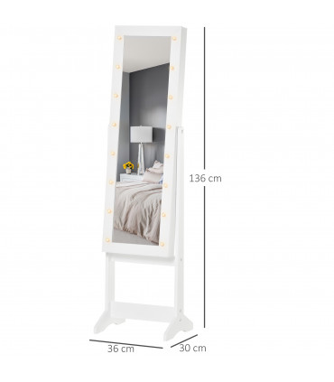 LED Mirrored Jewellery Cabinet, 36Lx30Wx136H cm-White
