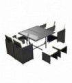 Rattan 9 Pcs Dining Set - Black W/Milk White Cushions