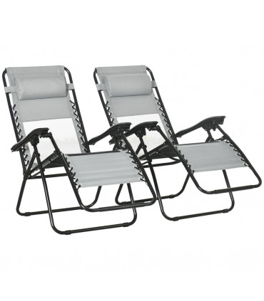 Foldable Garden Recliner Chair Set of 2 w/ Footstool & Headrest, Grey