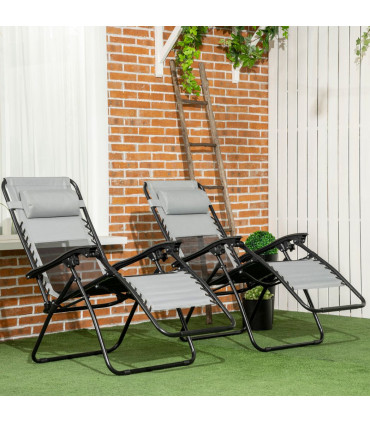 Foldable Garden Recliner Chair Set of 2 w/ Footstool & Headrest, Grey