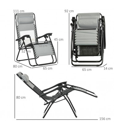 Foldable Garden Recliner Chair Set of 2 w/ Footstool & Headrest, Grey