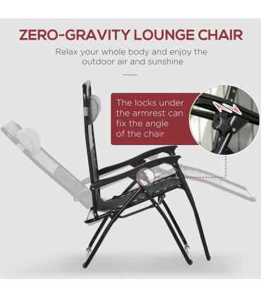 Foldable Garden Recliner Chair Set of 2 w/ Footstool & Headrest, Grey