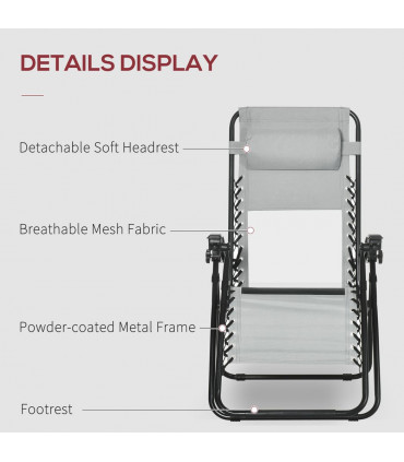 Foldable Garden Recliner Chair Set of 2 w/ Footstool & Headrest, Grey
