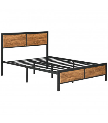 Double Size Bed Frame Steel Bed Base with Headboard 147 x 197cm Brown