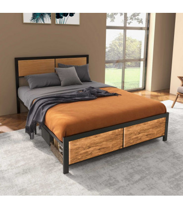 Double Size Bed Frame Steel Bed Base with Headboard 147 x 197cm Brown
