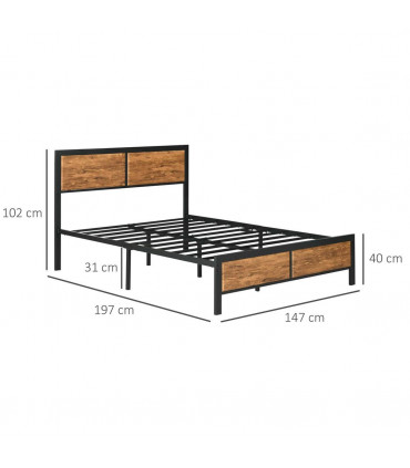 Double Size Bed Frame Steel Bed Base with Headboard 147 x 197cm Brown
