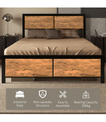 Double Size Bed Frame Steel Bed Base with Headboard 147 x 197cm Brown