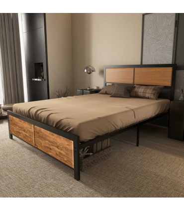 Double Size Bed Frame Steel Bed Base with Headboard 147 x 197cm Brown