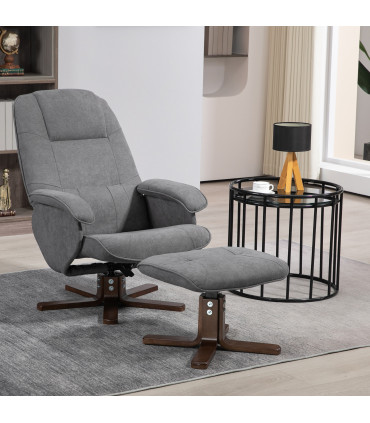 HOMCOM Swivel Recliner Chair and Footstool Linen-touch Fabric Wooden Base, Grey