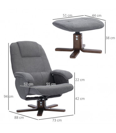 HOMCOM Swivel Recliner Chair and Footstool Linen-touch Fabric Wooden Base, Grey
