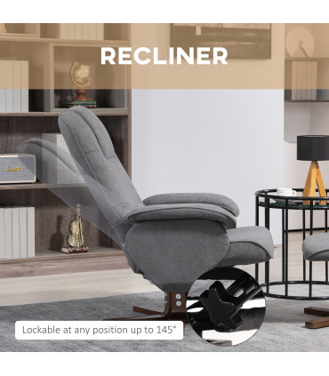 HOMCOM Swivel Recliner Chair and Footstool Linen-touch Fabric Wooden Base, Grey