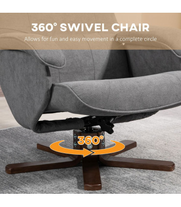 HOMCOM Swivel Recliner Chair and Footstool Linen-touch Fabric Wooden Base, Grey