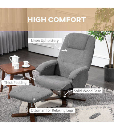 HOMCOM Swivel Recliner Chair and Footstool Linen-touch Fabric Wooden Base, Grey