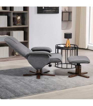 HOMCOM Swivel Recliner Chair and Footstool Linen-touch Fabric Wooden Base, Grey
