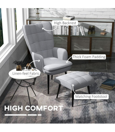HOMCOM Living Room Chair with Footstool and Steel Legs, Light Grey
