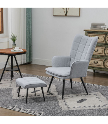 HOMCOM Living Room Chair with Footstool and Steel Legs, Light Grey