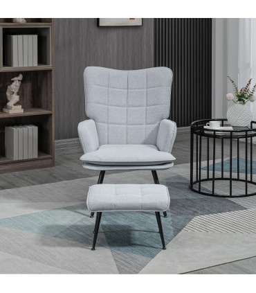 HOMCOM Living Room Chair with Footstool and Steel Legs, Light Grey