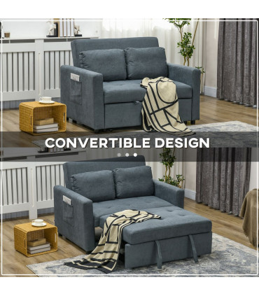 HOMCOM 2 Seater Sofa Bed Convertible Bed Settee with Cushions, Pockets, Grey