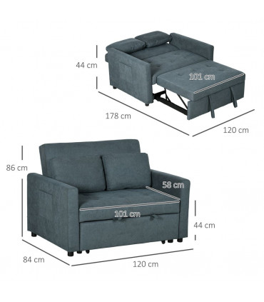 HOMCOM 2 Seater Sofa Bed Convertible Bed Settee with Cushions, Pockets, Grey