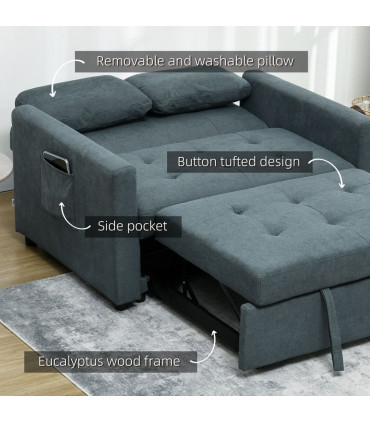 HOMCOM 2 Seater Sofa Bed Convertible Bed Settee with Cushions, Pockets, Grey