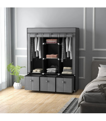 HOMCOM Portable Wardrobe w/ 5 Shelves 3 Fabric Drawers and 2 Hanging Rails Grey