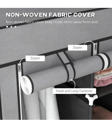 HOMCOM Portable Wardrobe w/ 5 Shelves 3 Fabric Drawers and 2 Hanging Rails Grey