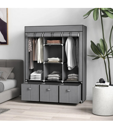 HOMCOM Portable Wardrobe w/ 5 Shelves 3 Fabric Drawers and 2 Hanging Rails Grey