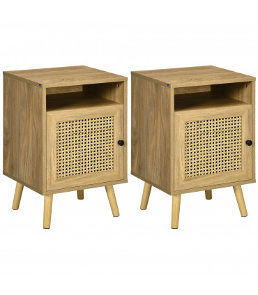 HOMCOM Nightstand, Rattan Bedside Table, Sofa Side Table w/ Cabinet, Shelf