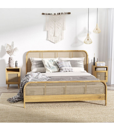 HOMCOM Nightstand, Rattan Bedside Table, Sofa Side Table w/ Cabinet, Shelf