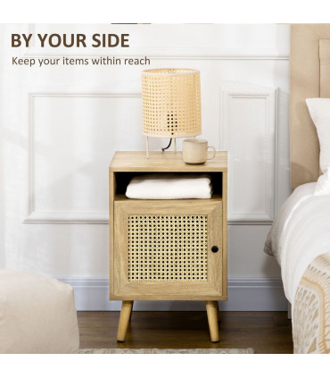 HOMCOM Nightstand, Rattan Bedside Table, Sofa Side Table w/ Cabinet, Shelf