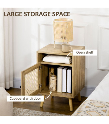 HOMCOM Nightstand, Rattan Bedside Table, Sofa Side Table w/ Cabinet, Shelf