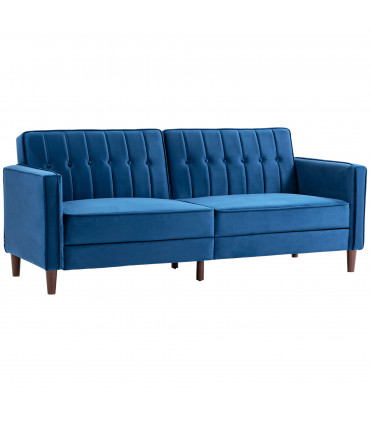 HOMCOM Convertible Sofa Futon Velvet-Touch Tufted Couch Sofa Bed Split Back Blue