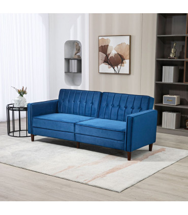 HOMCOM Convertible Sofa Futon Velvet-Touch Tufted Couch Sofa Bed Split Back Blue