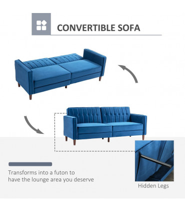 HOMCOM Convertible Sofa Futon Velvet-Touch Tufted Couch Sofa Bed Split Back Blue
