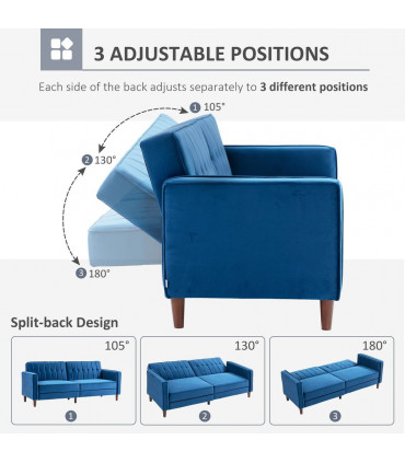 HOMCOM Convertible Sofa Futon Velvet-Touch Tufted Couch Sofa Bed Split Back Blue