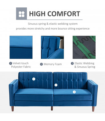 HOMCOM Convertible Sofa Futon Velvet-Touch Tufted Couch Sofa Bed Split Back Blue