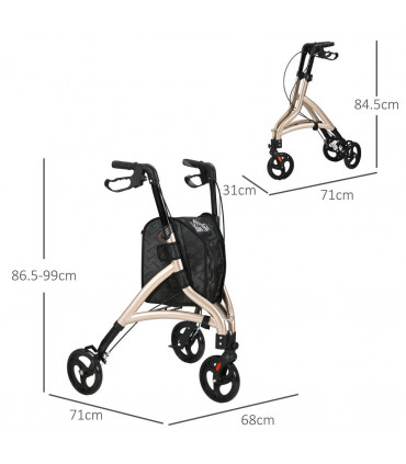 HOMCOM Lightweight Aluminium 3-Wheel Rollator with Adjustable Handle Storage Bag