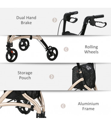 HOMCOM Lightweight Aluminium 3-Wheel Rollator with Adjustable Handle Storage Bag