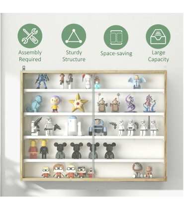 HOMCOM 5-Tier Wall Display Shelf Unit Cabinet w/ Shelves Glass Doors Natural