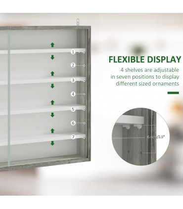 HOMCOM 5-Tier Wall Display Shelf Unit Cabinet w/ Shelves Glass Doors Grey Wood