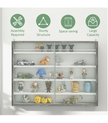 HOMCOM 5-Tier Wall Display Shelf Unit Cabinet w/ Shelves Glass Doors Grey Wood