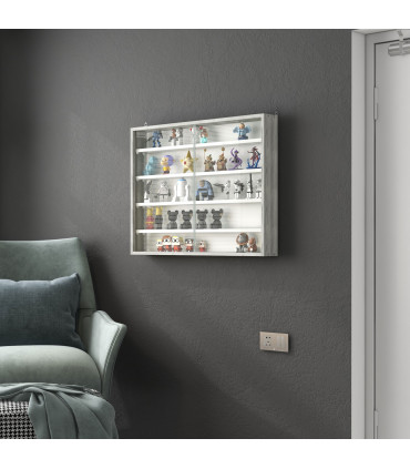 HOMCOM 5-Tier Wall Display Shelf Unit Cabinet w/ Shelves Glass Doors Grey Wood