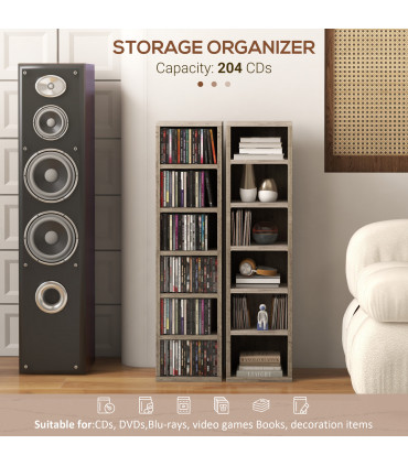 HOMCOM Set of 2 CD Media Display Shelf Unit Tower Rack Adjustable, Mocha Wood